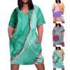 Robe ample décontractée pour femmes, grand col en v, manches courtes, poches imprimées