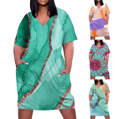 Women's Casual Large V-neck Short Sleeve Printed Pocket Loose Dress