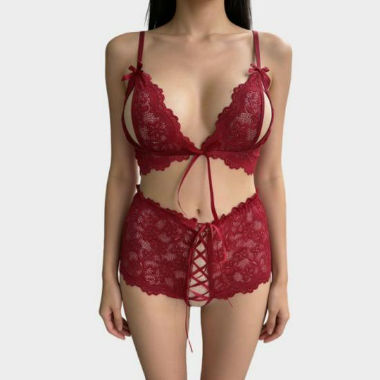 Plus Size Lace Strappy Lingerie Set: Sheer Camisole & Open Crotch High-Waisted Panties