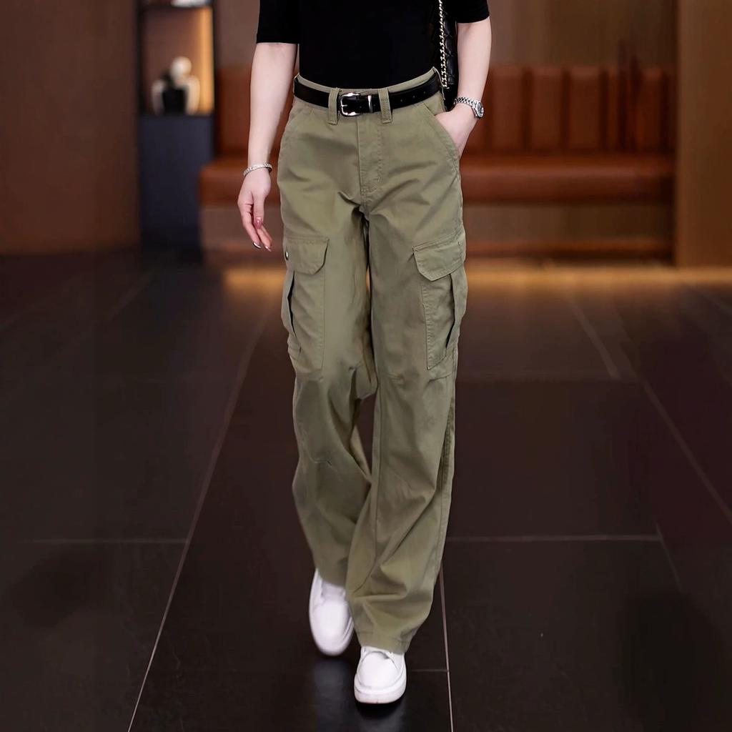 American retro casual overalls women's 1116 summer new design multi-pocket loose vertical straight pants