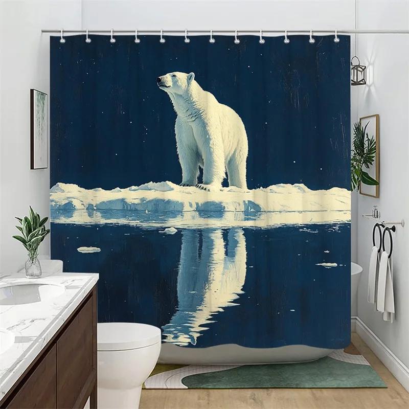 1pc Polar Bear Starry Night Shower Curtain - Realistic Arctic Landscape with Ice Floe & Northern Lights, 70.86x70.86 In, 12 Hook