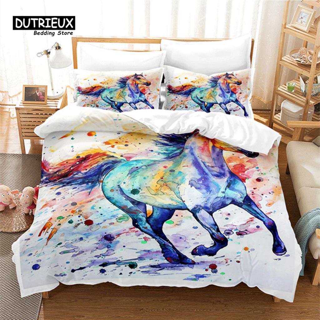 Unicorn Horse Bedding Set 3D Animal Print Duvet Cover Galloping Horse Comforter Cover Queen For Boys Teens Adults Decor Bedroom