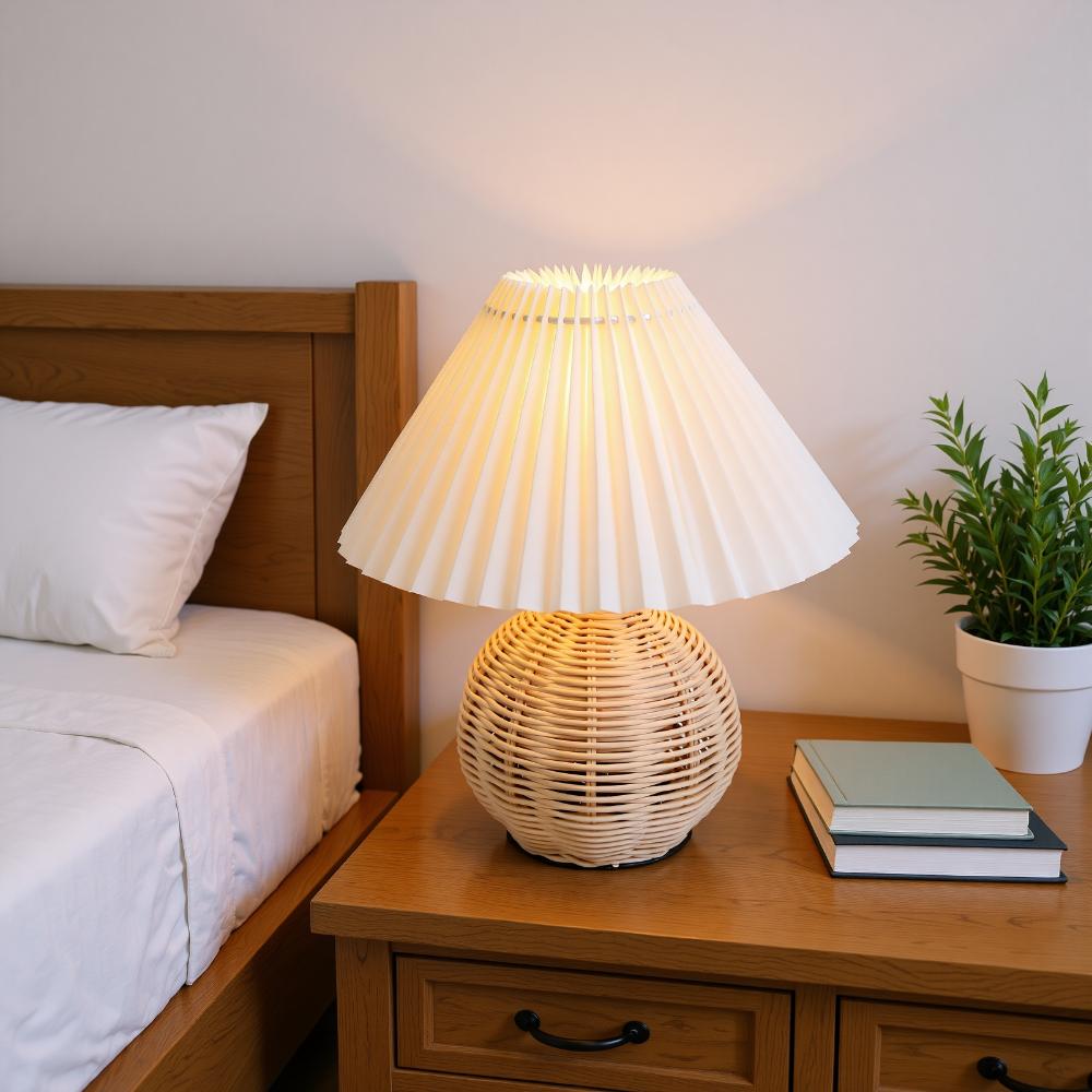 Soft Light Pleated Table Lamp Rattan Base Nightstand Lamp Modern Desk Accent Lamp Nightstand Decor