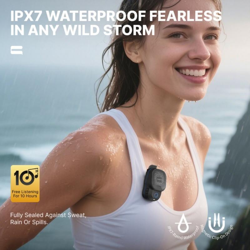 Portable Clip On Speaker with 20M IPX7 Waterproof Builts In Mics Long Playtimes for Hiking Swimming Fitness