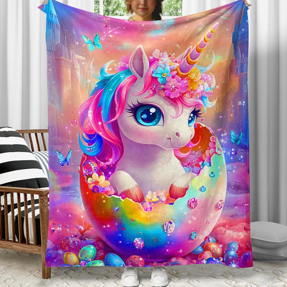 Magical unicorn hatching from egg rainbow castle flannel blanket fantasy cute baby animal kids bedding soft throw blanket for