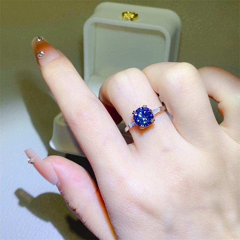 Blue Moissanite 2-Carat Women’s Diamond Ring, Four-Prong, Colored with Eight Hearts and Arrows Design. Size 20