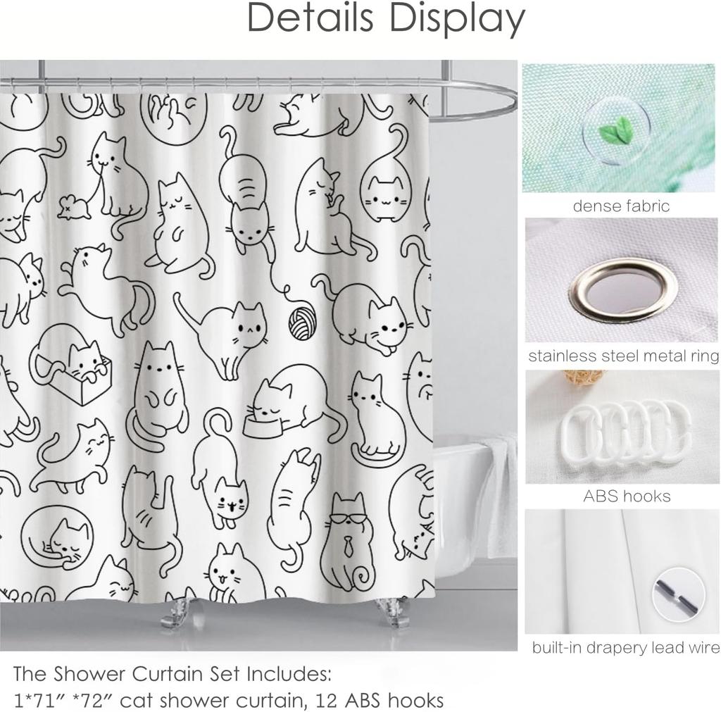 Shower Curtain for Bathroom with Hooks, Black and White Cute Cartoon Colorful Kittens Funny  Long Cloth Fabric Shower Curtain