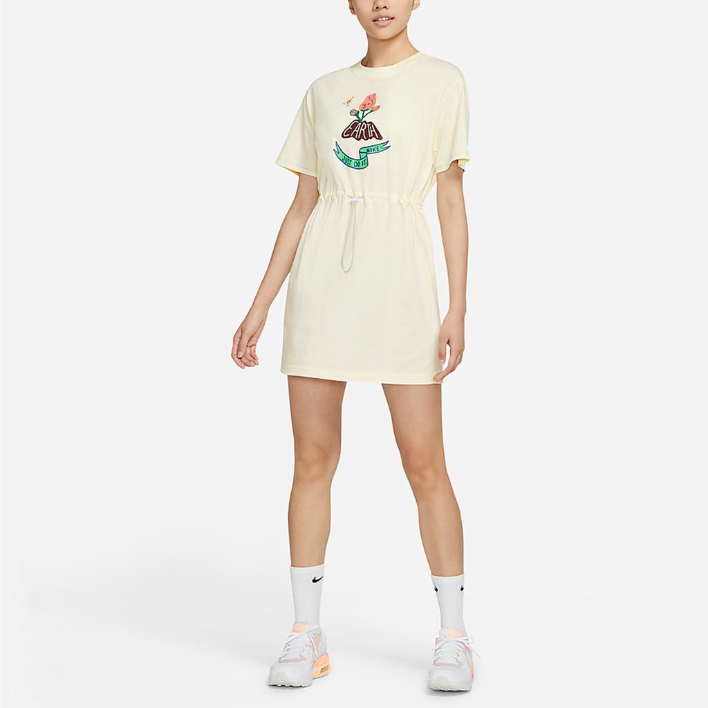 Nike Sportswear Cartoon Logo Breathable Moisture-Wicking Pullover Round Neck Short Sleeve Dress Women Dress Light-Yellow DM7911-715