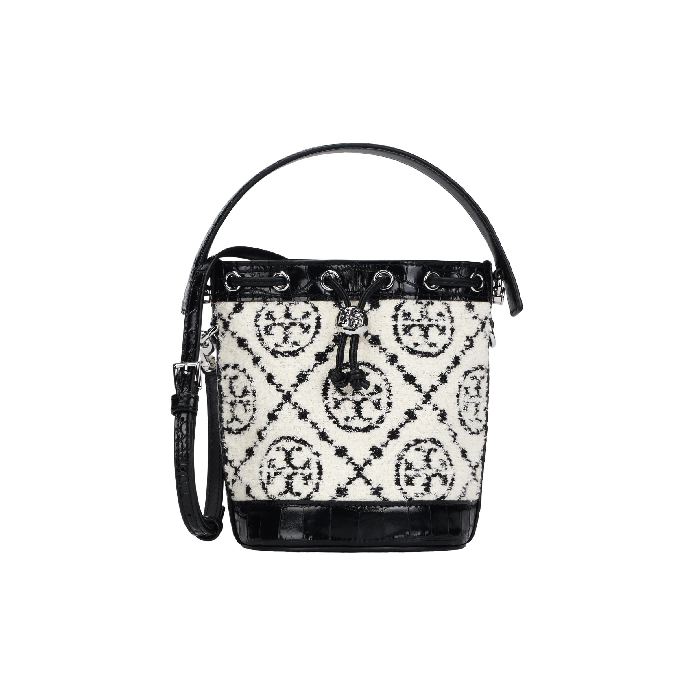 

Tory Burch T Monogram Classic Print Drawstring Closure Hardware Bucket Bag Women bags Black 152401-001 Basic Set (Bag+Dust Bag)