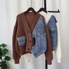 Autumn and winter new loose short splicing denim sweater jacket design sense niche knitted cardigan women