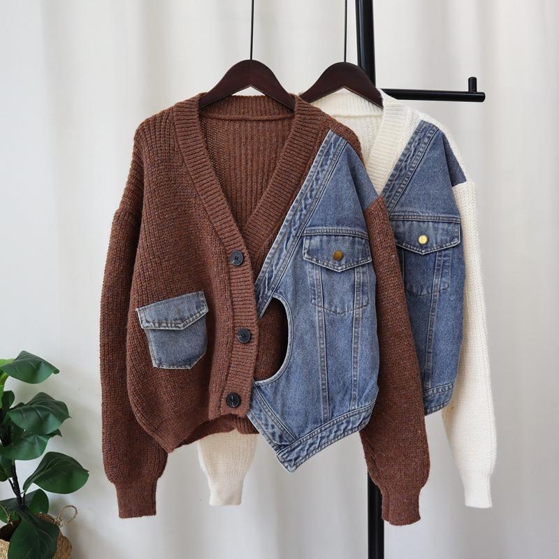 Autumn and winter new loose short splicing denim sweater jacket design sense niche knitted cardigan women