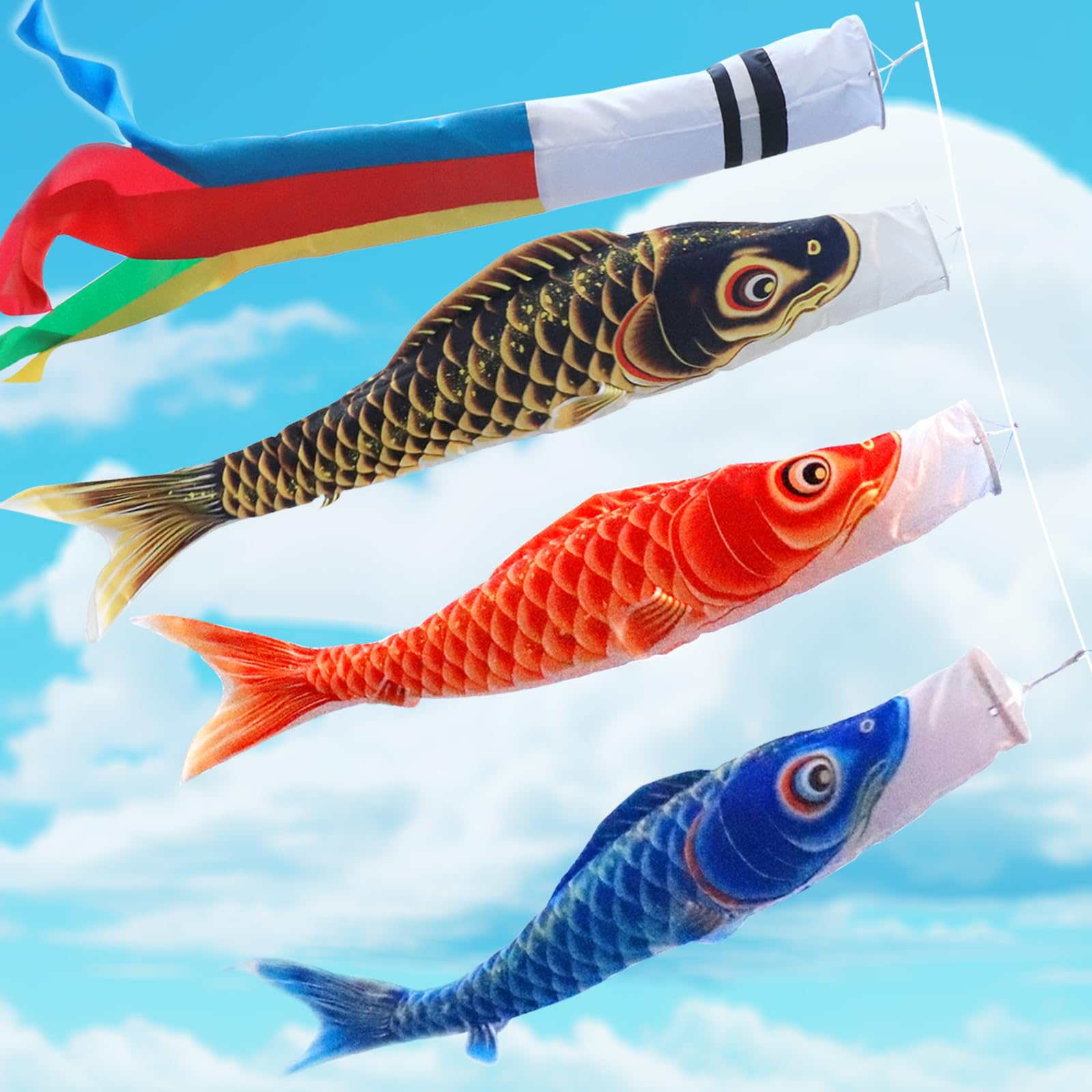

OKBABY Koinobori with Three Carp and 3m Red Blue Made of Premium Polyester Satin Garden (Carp Streamer) Five-Colored Streamers, (Black Carp, 2m, Carp,