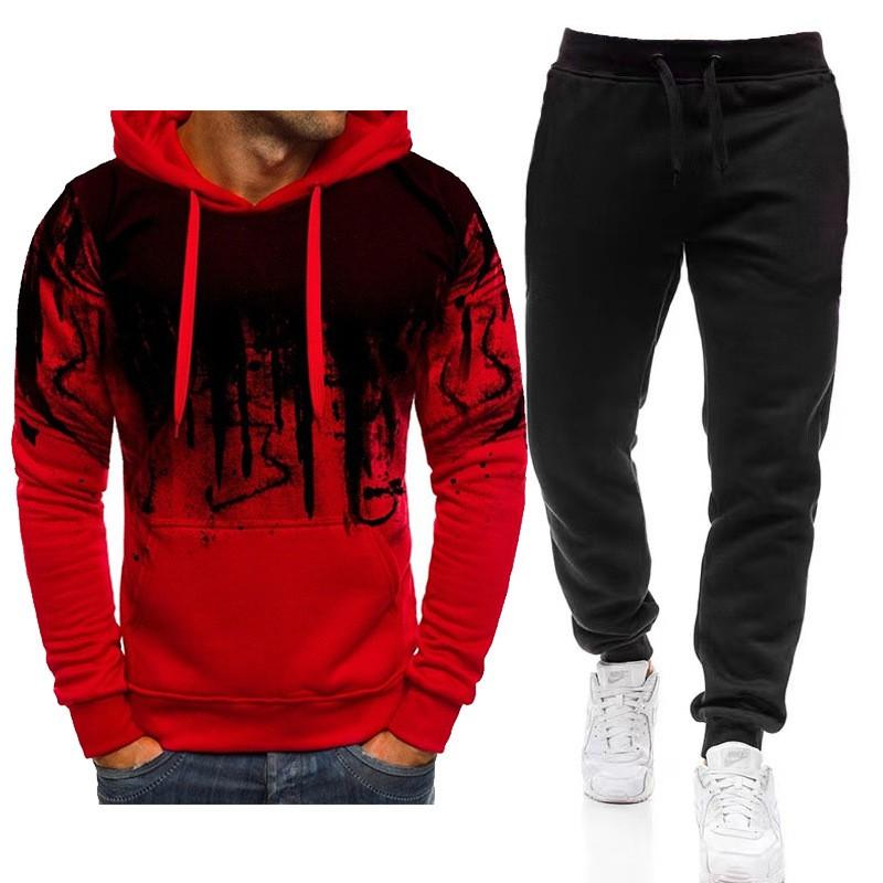 Mens Sportswear Set: Hooded Fleece Sweatshirt Long Pants Ink-Splash Print Warm Casual Tracksuit Fall