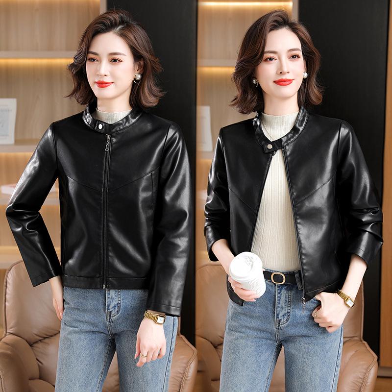 Stylish Women's PU Leather Stand-Collar Jacket, 2025 Plus Size Slimming Biker Style for Spring/Autumn.