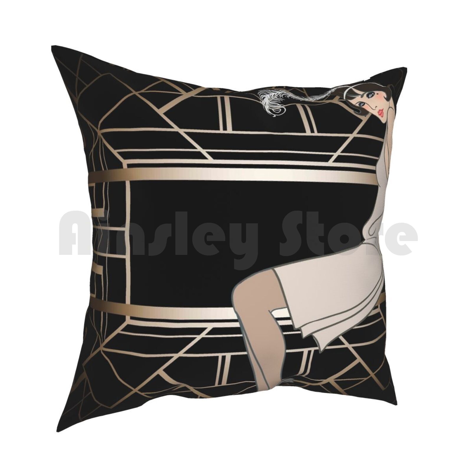 Art Deco Gold Black Pattern Cute Flapper Girl Beautiful Chic The Great Gatsby Vintage Retro Outdoor 30x30cm 12x12in