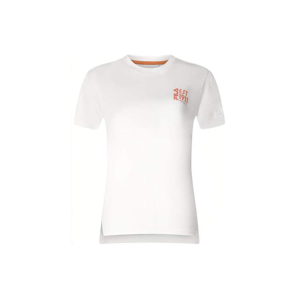 FILA Letter Print Sports Knit Short Sleeve Drop Shoulder T-Shirt Women T-Shirts Cloud-White A11W417105F-WT