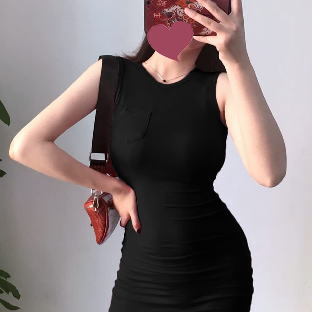 Yuoku Sexy Sleeveless Mini Tight Short Sexy Casual Short Skirt Women's Dress, Fit, Slimming, Length, Gathered, Dress, (Type A, Black)
