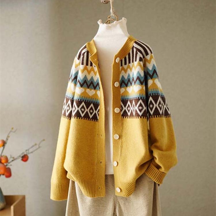 Damen Retro Jacquard Rundhals Locker Gestrickte Strickjacke Frühling Herbst Ethnischer Stil Pullover Mantel Top