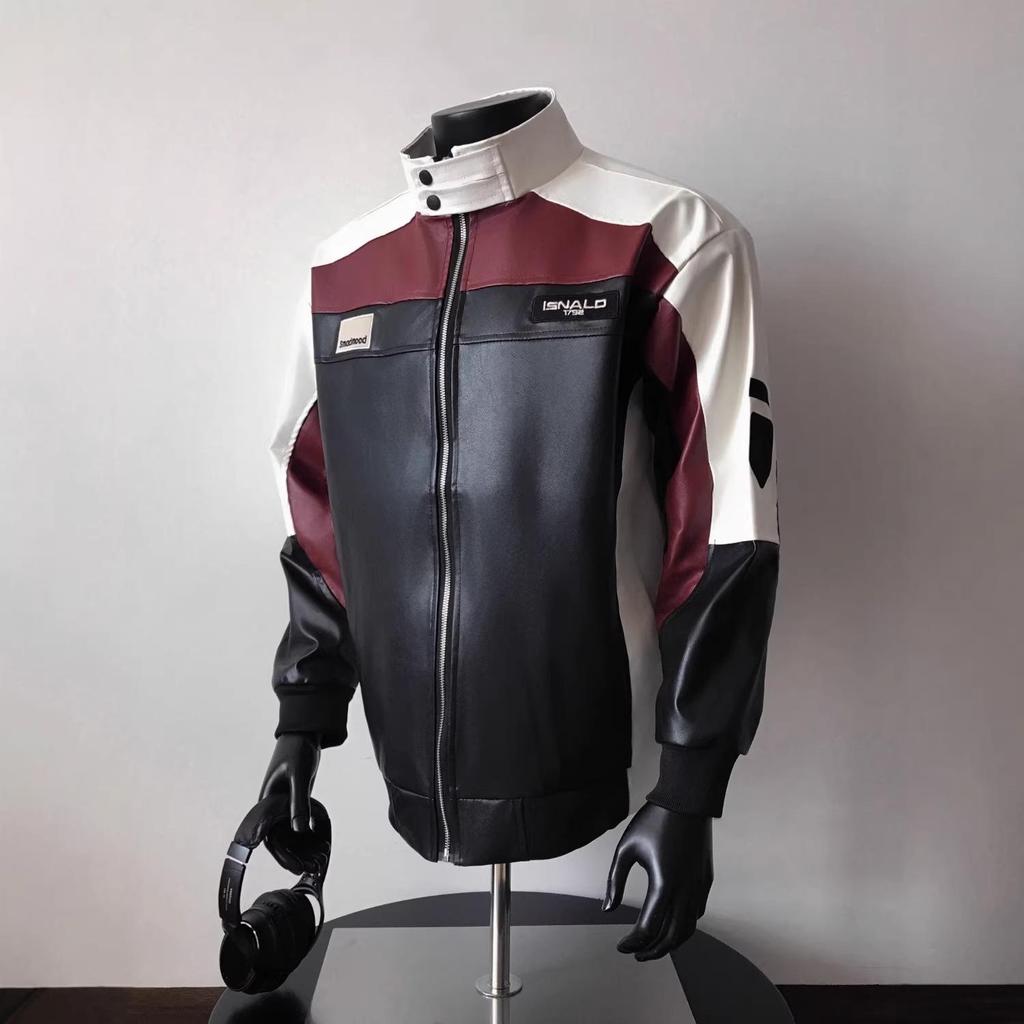 Men's American Style PU Leather Pilot Jacket - Color Block Patchwork for Cool Motorcycle Riding