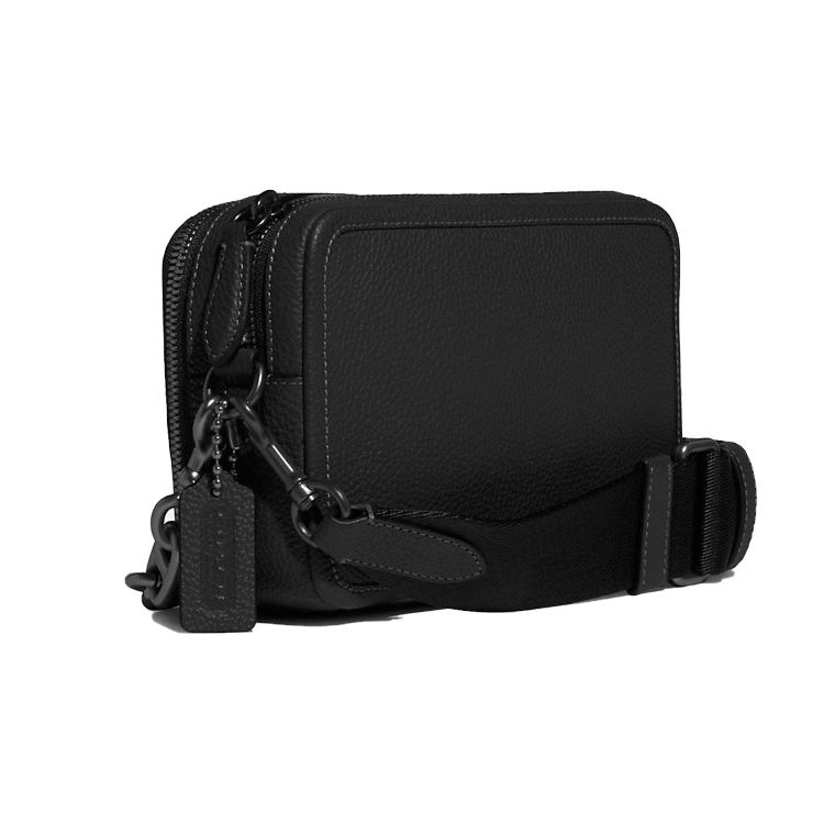 Coach Charter 19 Logo Print Double Layer Chain Wallet Charm Leather Camera Bag Handheld Shoulder Crossbody Bag Small Men Bags Black C6293-BLK