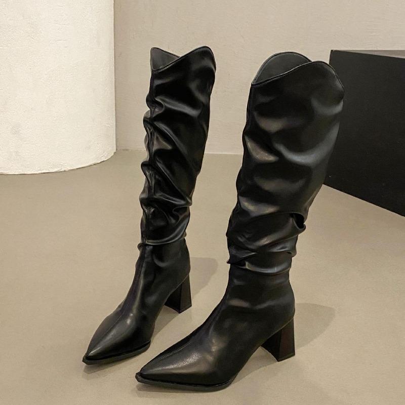 Weiche PU-Leder kniehohe Stiefel Damen 2026 Frühling Herbst Dicke Absätze Lange Stiefel Plissiert Frau Schwarzer Reißverschluss hinten Ritter Botas