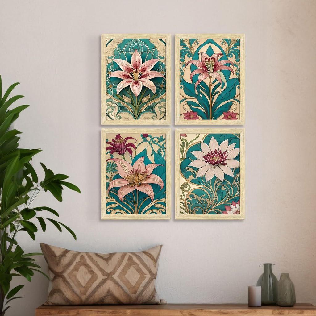 Paper Lilly Flowers Botanical Art Paintings With Frame for Home Decor, Wall Painting for Living Room, Multicolor, Set of 4