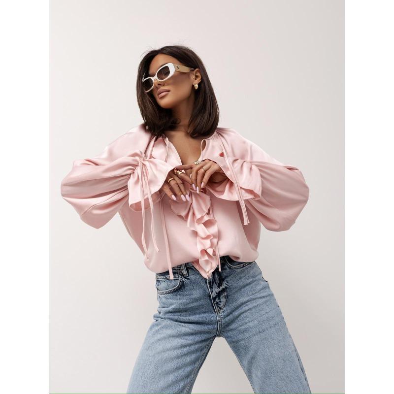 JKASHDK Dámská móda Ležérní Jaro Podzim Jednobarevný potisk Halenky a košile s dlouhým rukávem a výstřihem do V