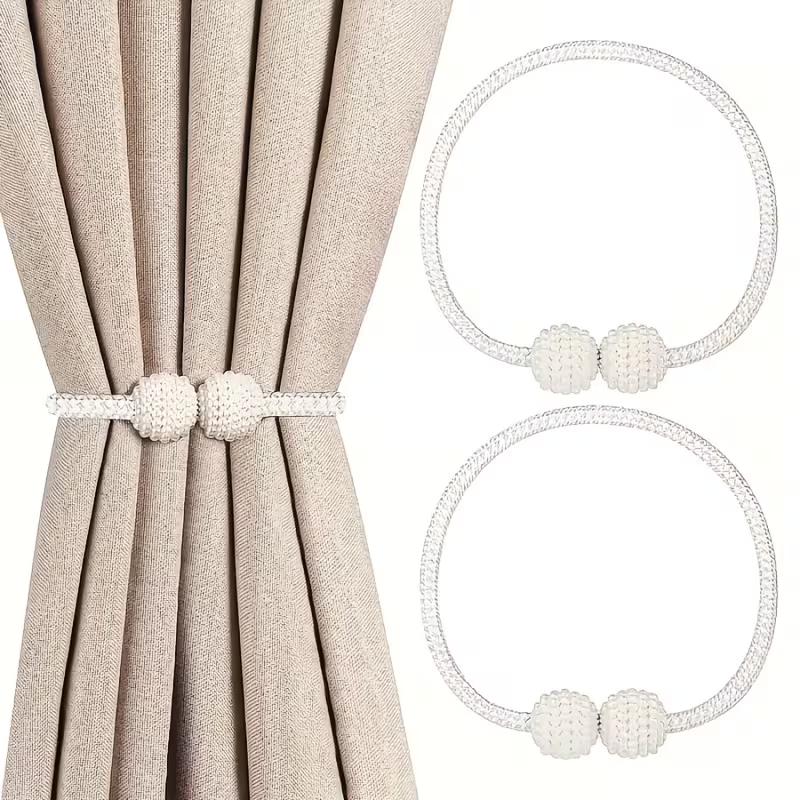 Magnetic Curtain Tiebacks Pearl Ball Elegant Woven Rope Curtain Holdbacks Magnet Drapery Tie Back Clips Curtain Holder for Living Room Bedroom Home