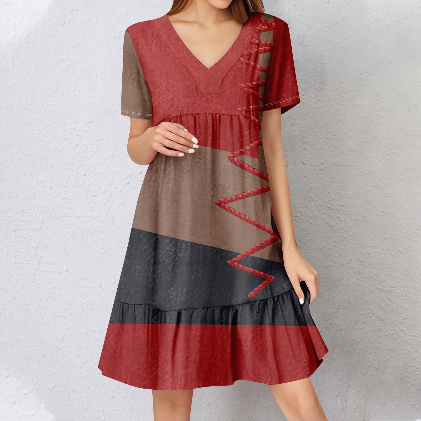 

Жіноча літня сукня з коротким рукавом, V-подібним вирізом, коротка, модна, повсякденна, вільна, бохо, з рюшами, А-силуету, сукня-сонце M