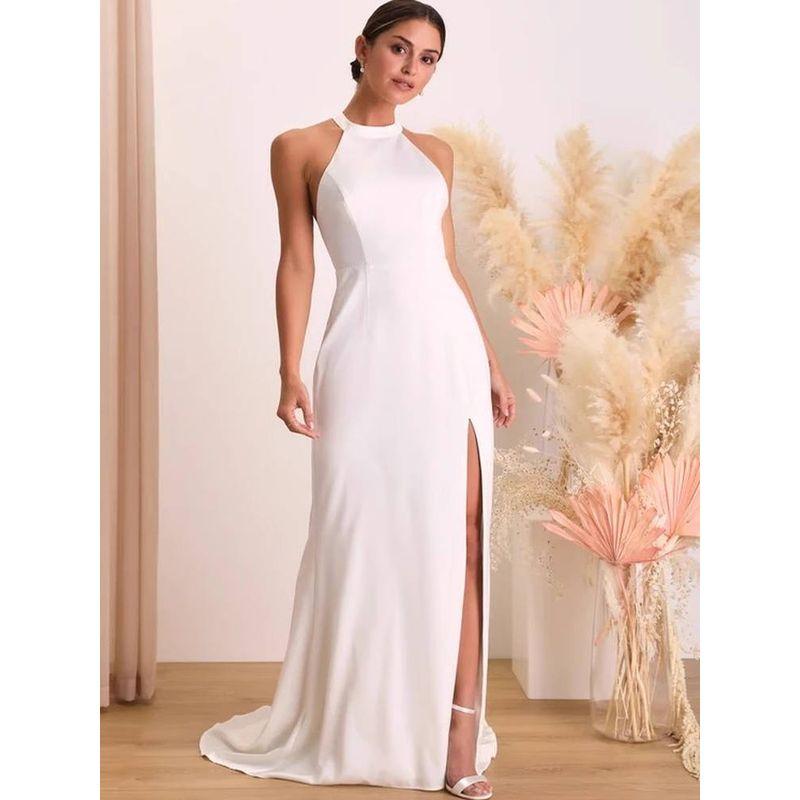 Foreign Trade Slim Fit Slim Lu Hanging Neck Sleeveless High Quality Smooth Fabric Lace Backless Fashion Trailing Dress