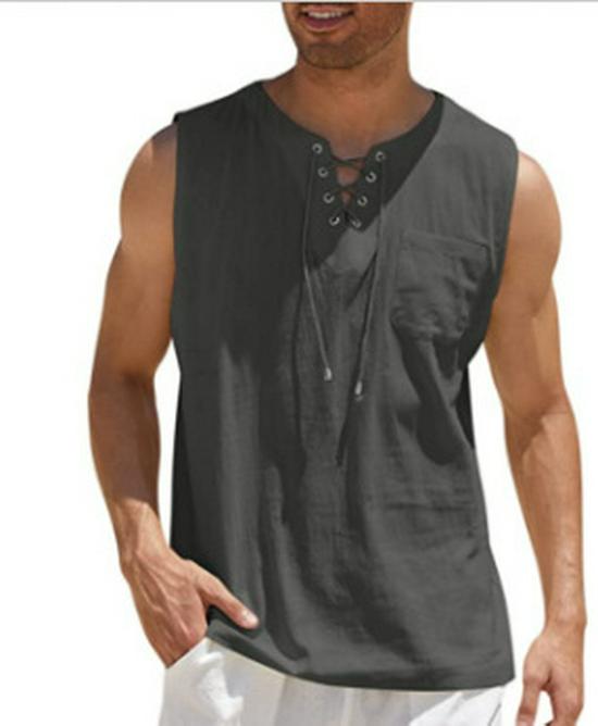 

Мужская рубашка-жилет из хлопка и льна с короткими рукавами и шнуровкой L темно-серого