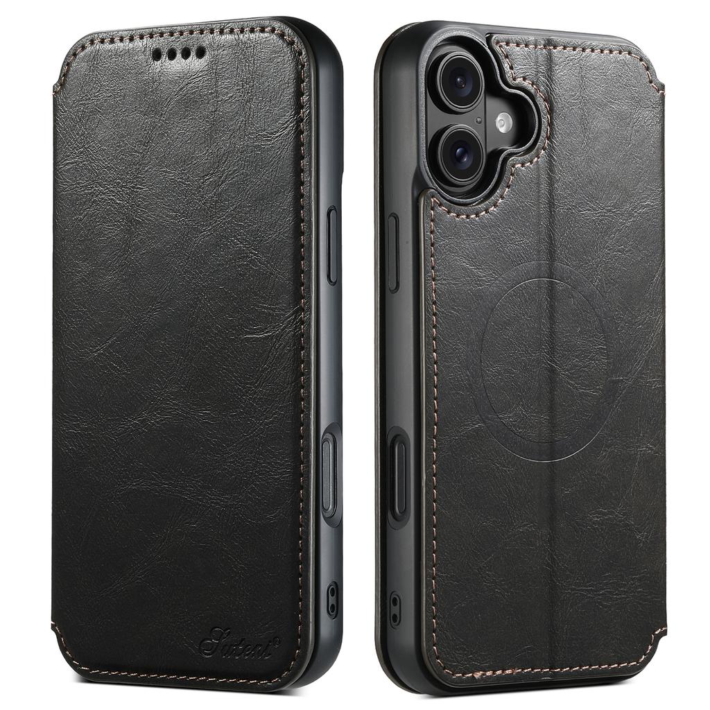 SUTENI J06 For iPhone 16 Plus Case Compatible with MagSafe Textured PU Leather Flip Phone Cover