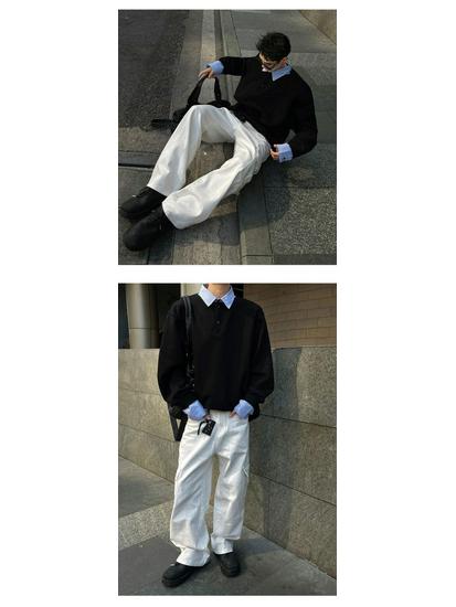 Men's Spring/Autumn Color Block Hoodie with Shirt Collar - Long Sleeve Patchwork Polo Jacket