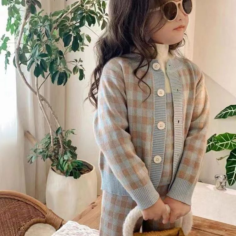 Children Clothing Set Autumn Fresh Plaid Girl's Knitted Set Sweater Cardigan +Vest+Pant Sweet Three Piece Suit
