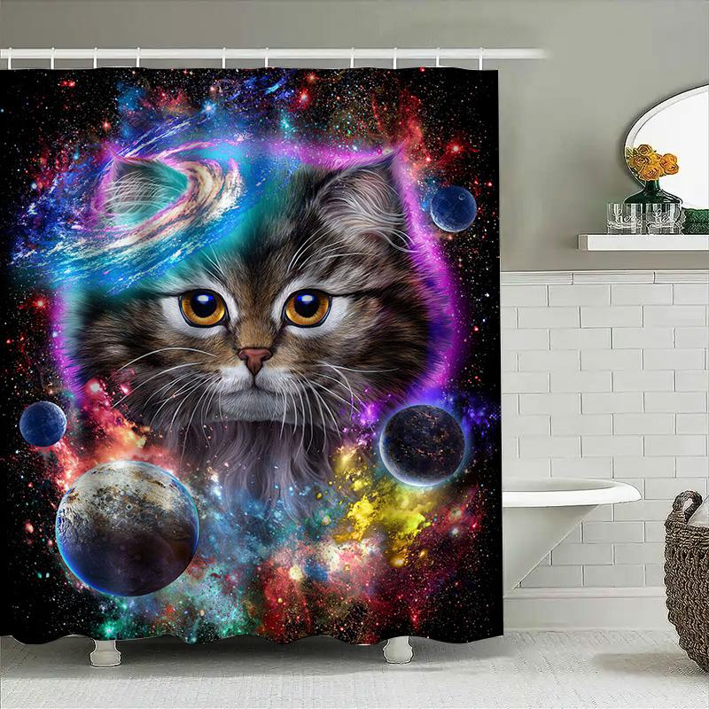 Space Cats Shower Curtain Cosmic Kitty Bathroom Decor Unique Cat Print Astral Pet Love Gift