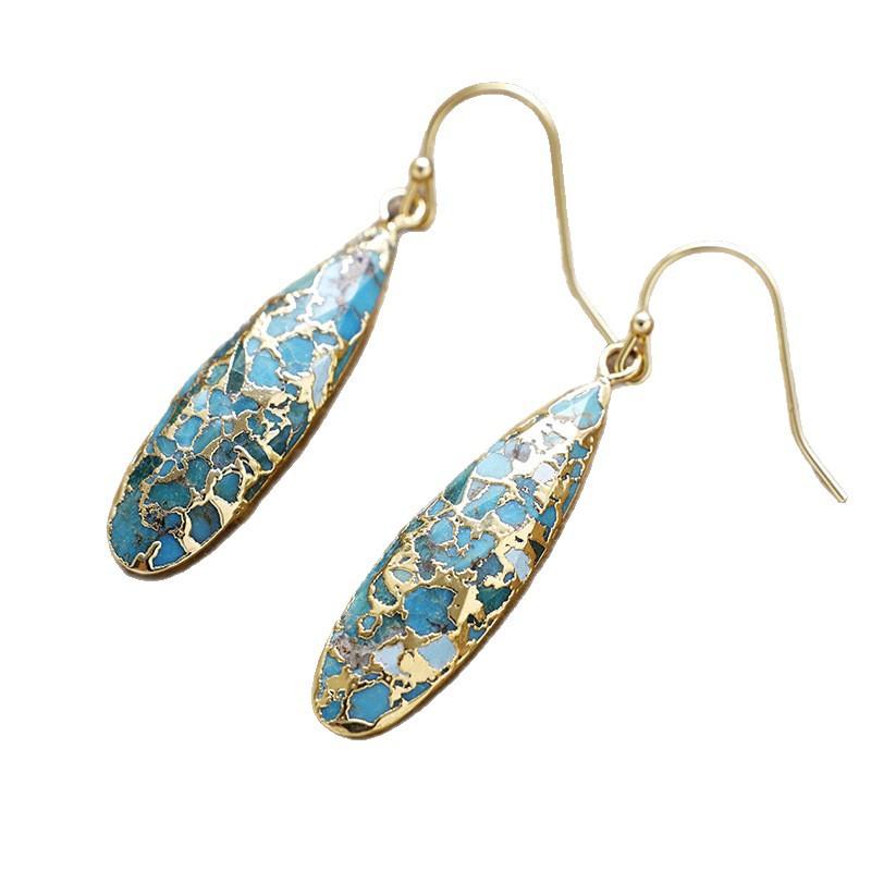 Natural Turquoise Long Water Droplet Earrings, Hook Earrings, European and American Bohemian Popular Accessories