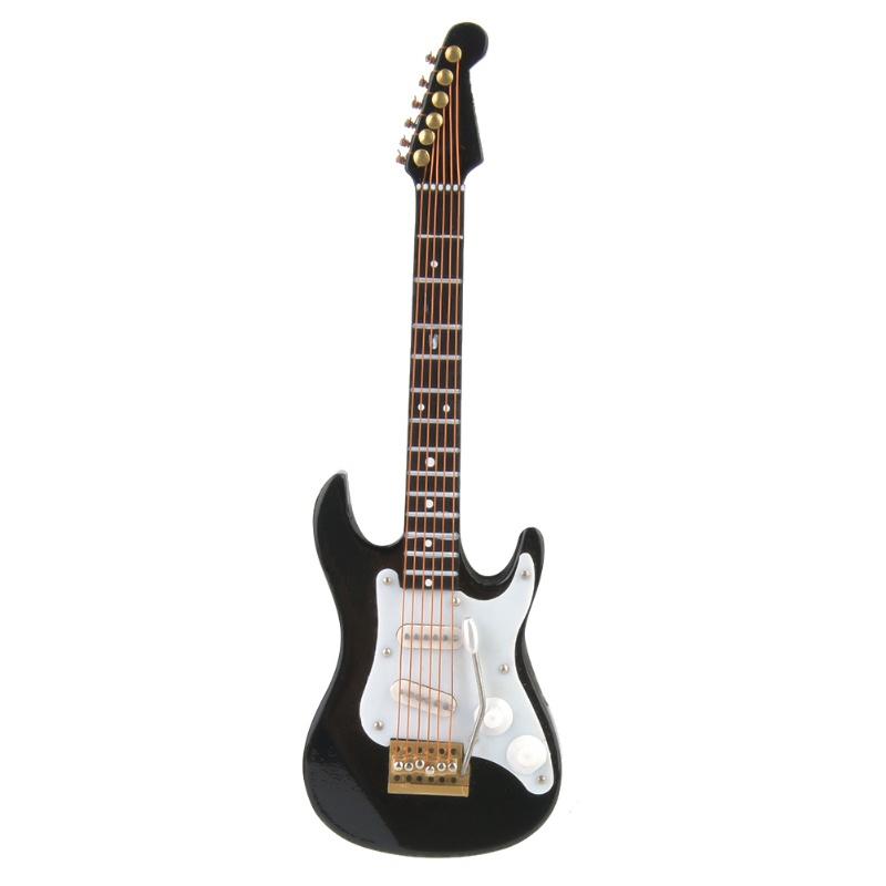 Delicate 14 Cm Mini Wooden Electric Guitar Model Ornaments Collection With Stand(Black)
