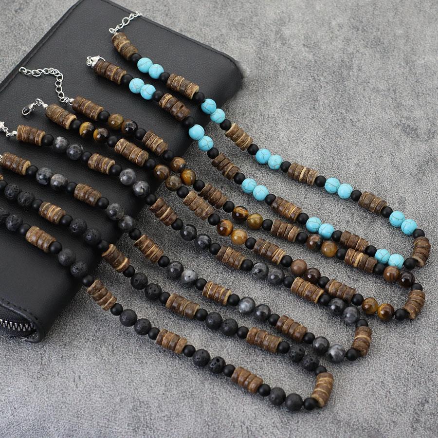 2Pcs Jewelry Set Natural Coconut Husk Wood Necklace Bracelet Men 18 Inches Short Collar Volcanic Tiger Eyes Stone Colar Pulsera