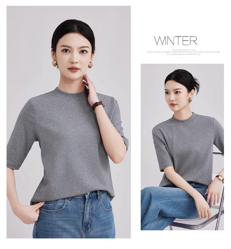 High-End Women's Ribbed Crew Neck Mid-Sleeve T-Shirt