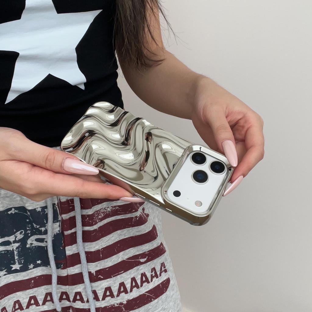 Premium Electroplated Silver Ripple Pattern Case for iPhone 14 Pro Max / 15 / 16 / 17 Pro