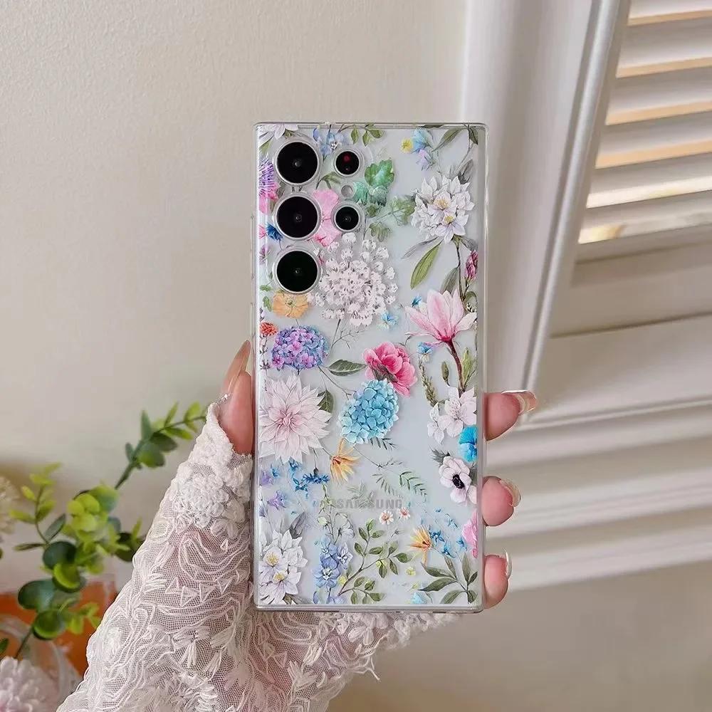 Süße handbemalte Handyhülle mit Blumen für Samsung S25 S24 S22 S21 FE Ultra Klare Silikonhüllen für Samsung Galaxy S23 Plus Ultra Hülle