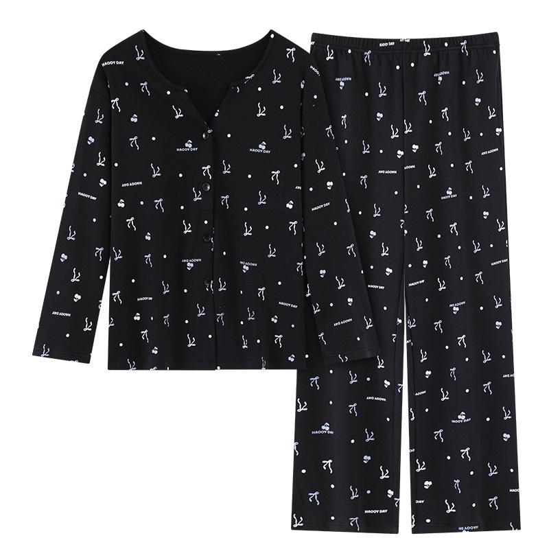 Women's Long Sleeve Cotton Kimono Pajamas with Chest Pads - Cute Cartoon V-Neck Set for Spring and Autumn