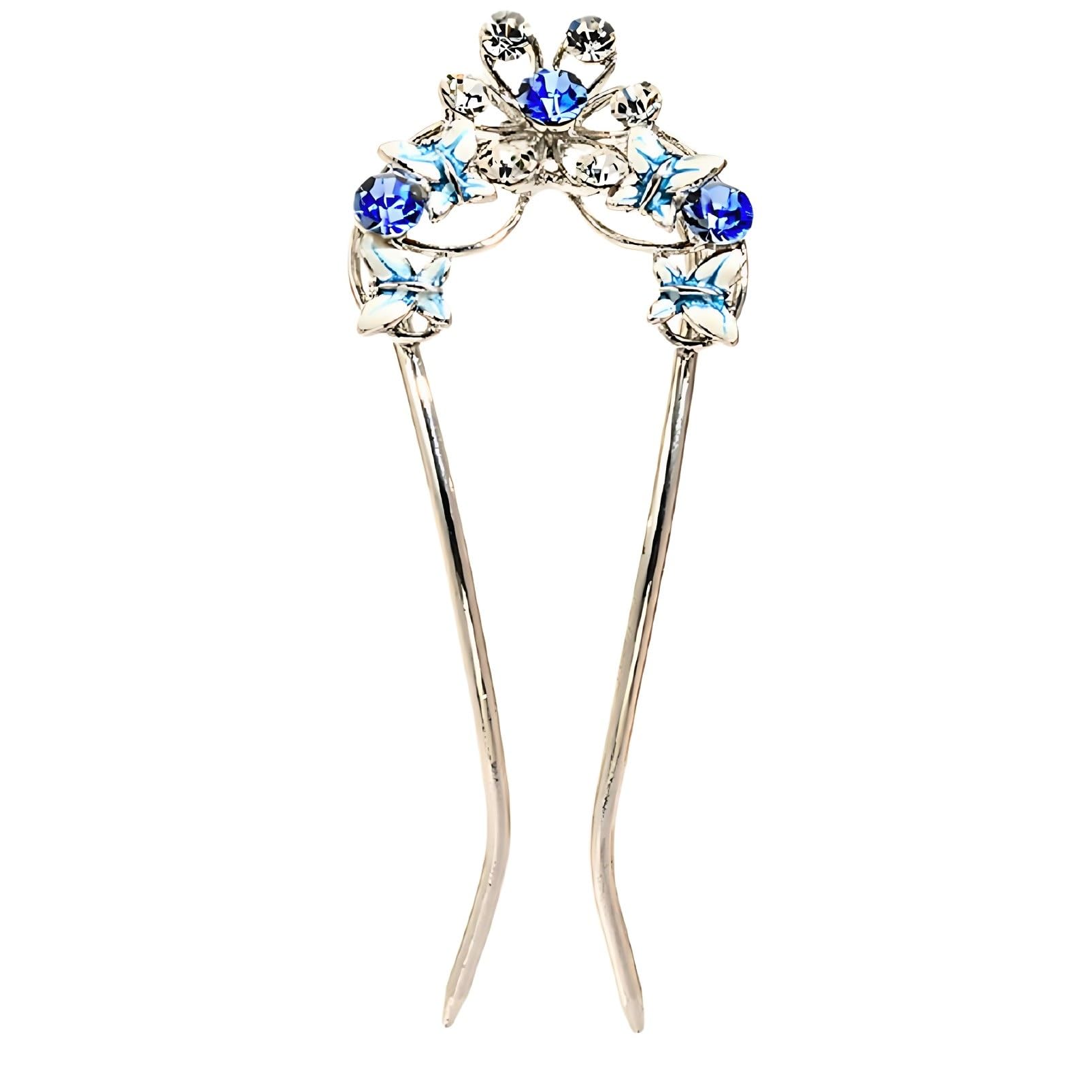 

[Miaomyao] Kanzashi U-shaped Hair Ornament for Japanese Clothing, Yukata, Kimono, Antique Butterfly Flower Silver (Blue)