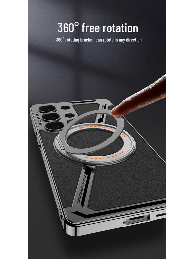 Samsung S25 Ultra Protective Case with Magnetic Rotating Stand – Anti-fall, Electroplated Leather Cover