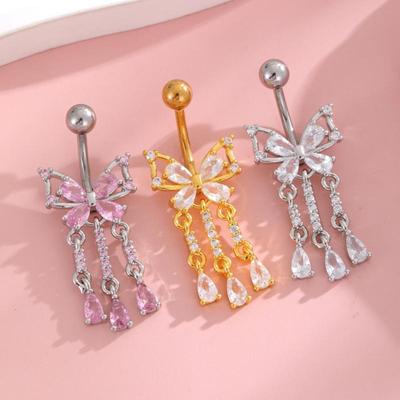 1PCS Zircon Flower Belly Button Ring Drop Chain 14G G23 Titanium Curved Barbell Navel Piercing Women Girls Sexy Jewelry