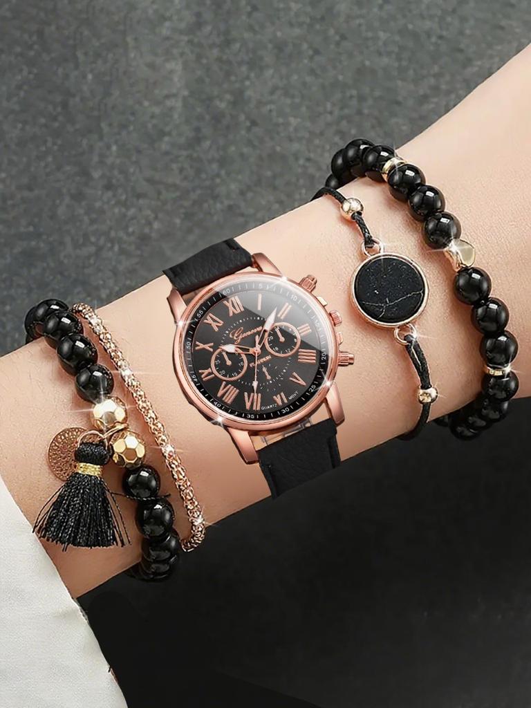 5PCS/Set Women's Watch Fashion Rhinestone Leather Band Quartz Watch Beads Bracelets Set(Without Box)