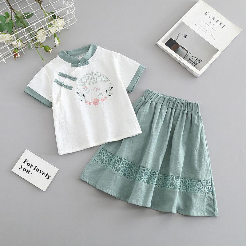 Kız Çocuk Yabancı Stil Retro Çin Stili Hanbok Takımı Küçük Kız Çiğsam Yarım Etek Yaz İki Parça Takım
