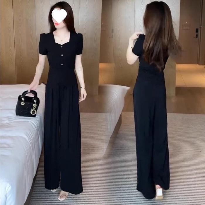 Women's Two-piece Fashionable Chinese-style Outfit for Summer - A Complete Set of Short-sleeved Wide-leg Pants in One Piece