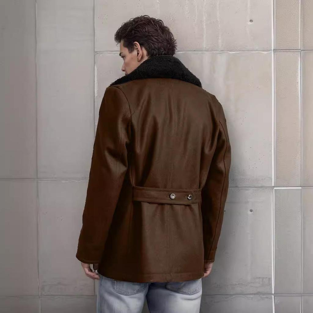 Men's Slim Fit Double-Breasted Wool Coat with Cashmere Fur Collar - European Sizes for Autumn/Winter