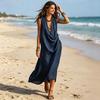 Women's Draped Deep V Neck Dress, Summer Sleeveless Loose Flowy Dress, Casual Travel Vacation Ruched Long Dress